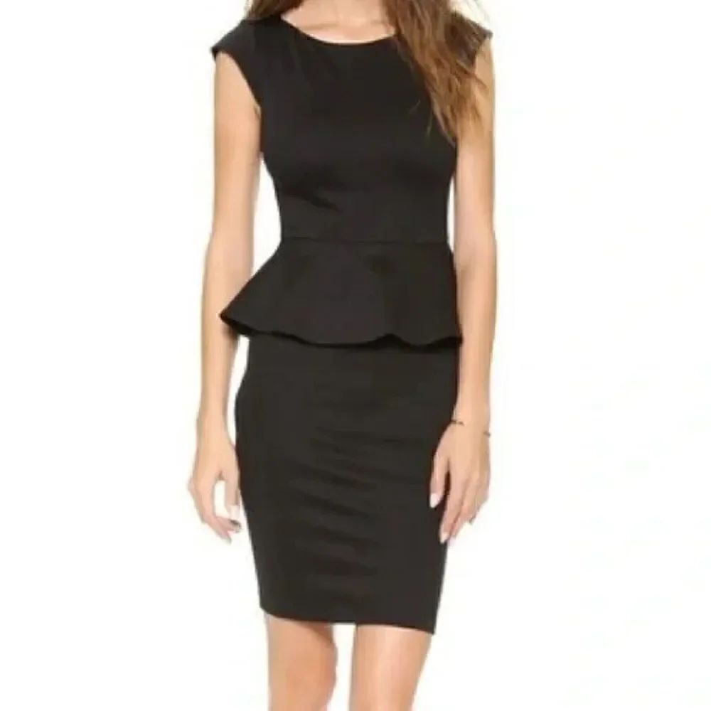 Alice + Olivia Employed Victoria Dress in Black Leather Sleeves Peplum Waist 6